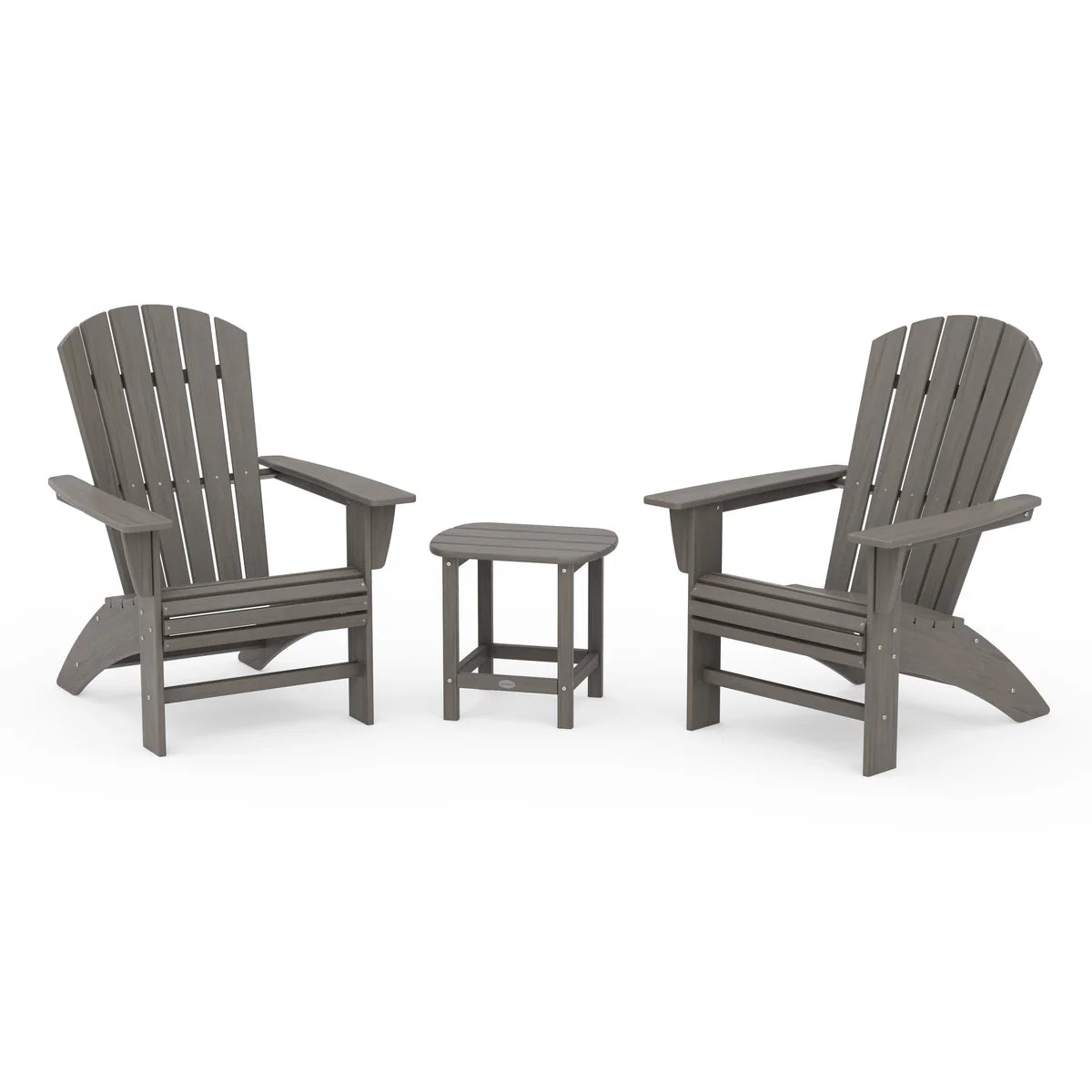 Two gray Adirondack chairs with a matching side table on a white background