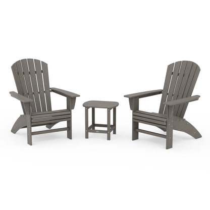 Two gray Adirondack chairs with a matching side table on a white background