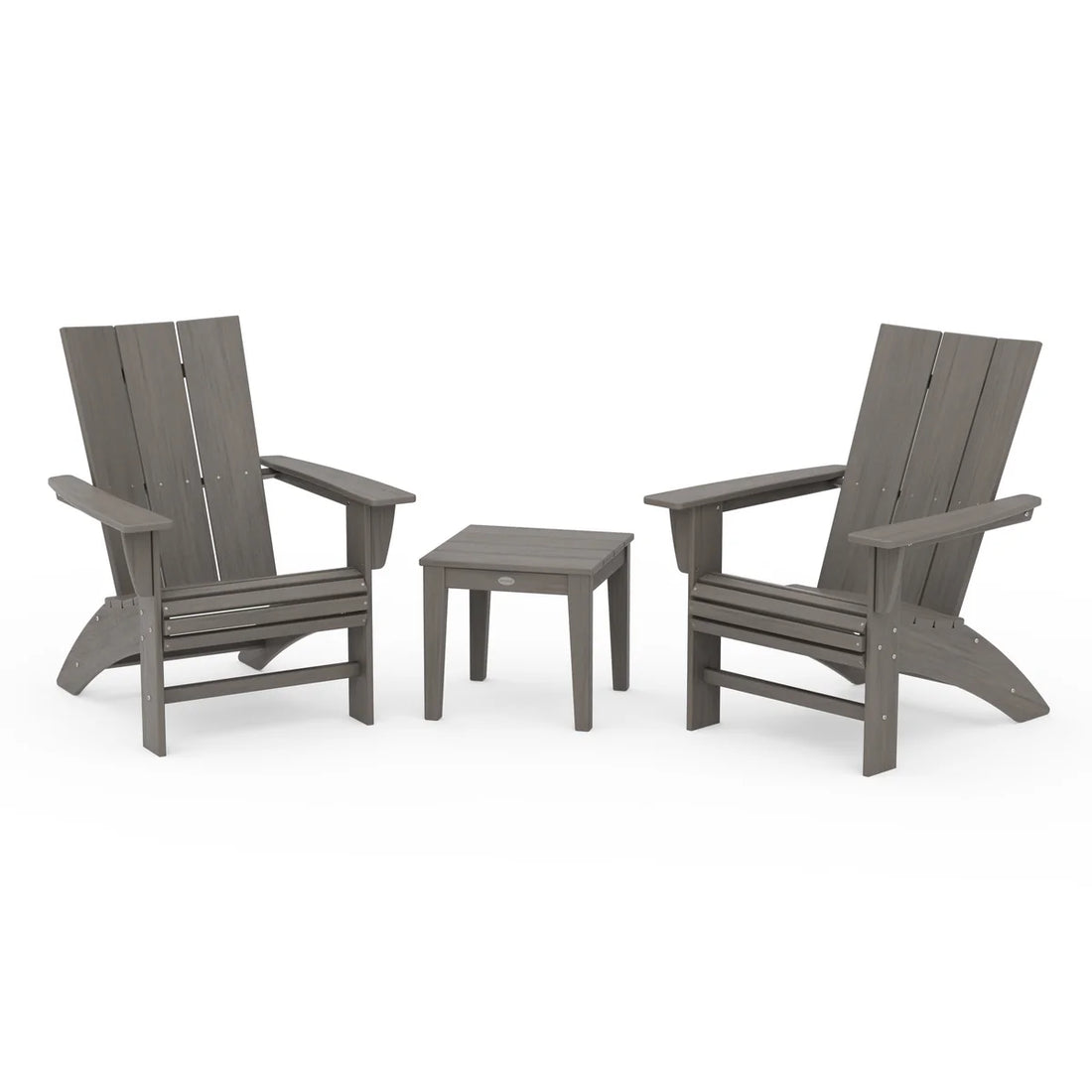 Two gray Adirondack chairs with a matching side table on a white background