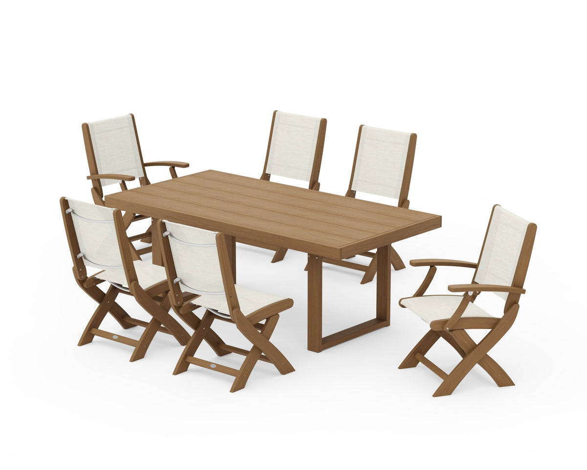 POLYWOOD Coastal Folding Chair 7-Piece Dining Set with Trestle Legs with EDGE 40" x 78" Dining Table in Natural / Parchment