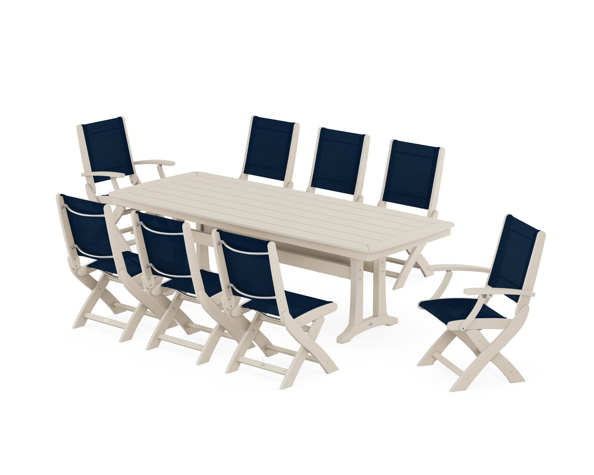 POLYWOOD Coastal Folding 9-Piece Dining Set with Trestle Legs in Sand / Navy Blue