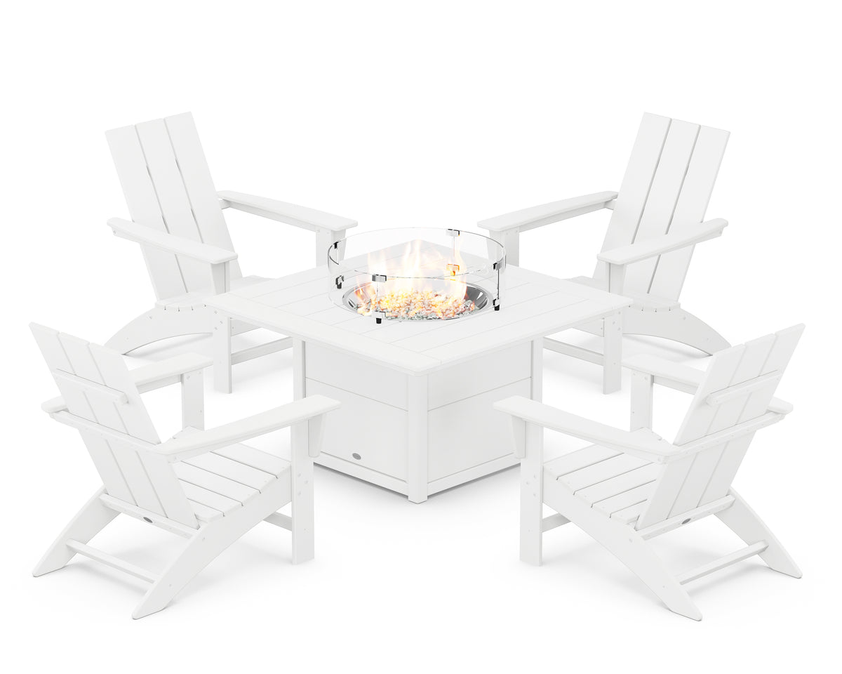 POLYWOOD Modern 5-Piece Adirondack Chair Conversation Set with Fire Pit Table in White
