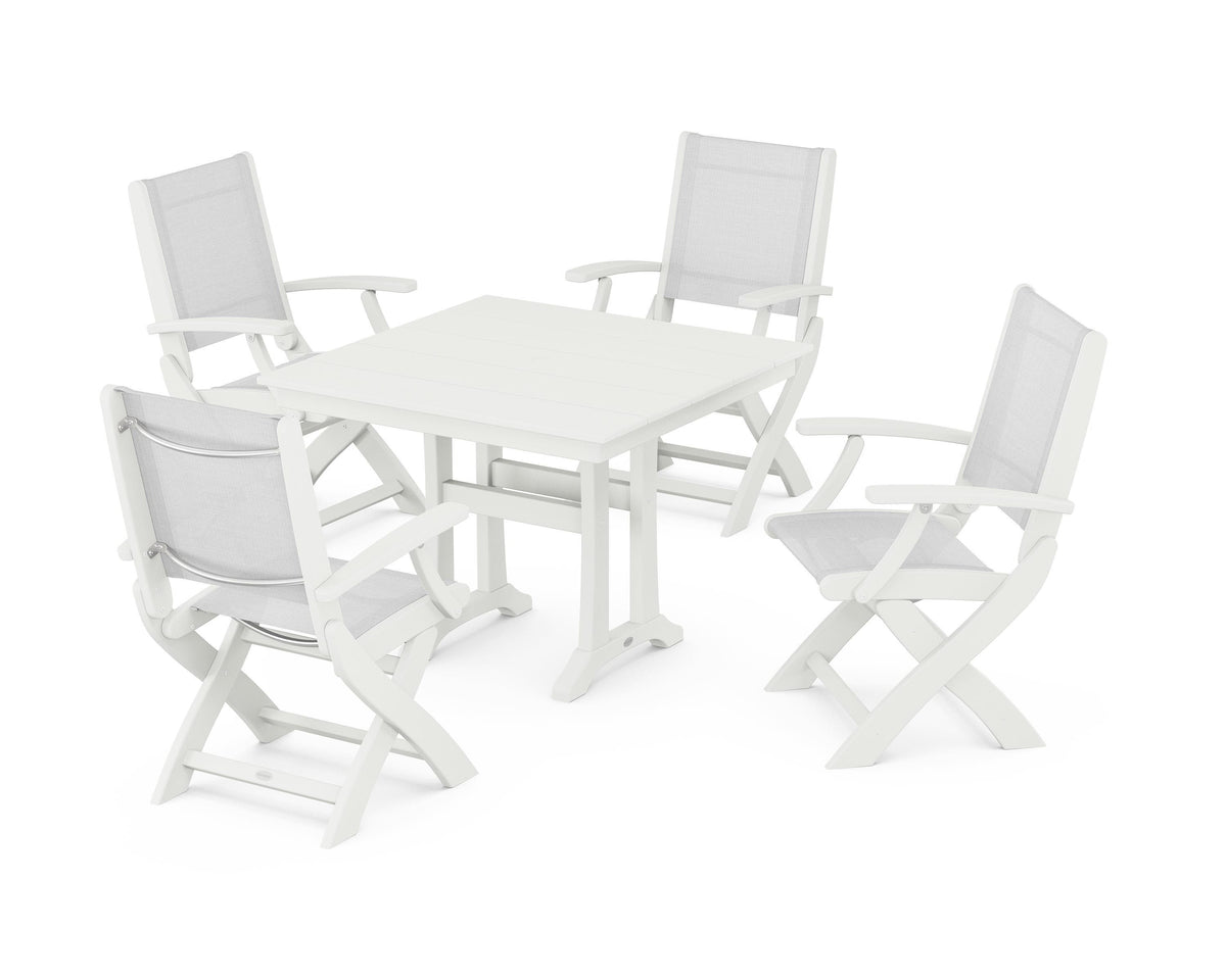 POLYWOOD Coastal Folding Chair 5-Piece Farmhouse Dining Set With Trestle Legs in Vintage White / White