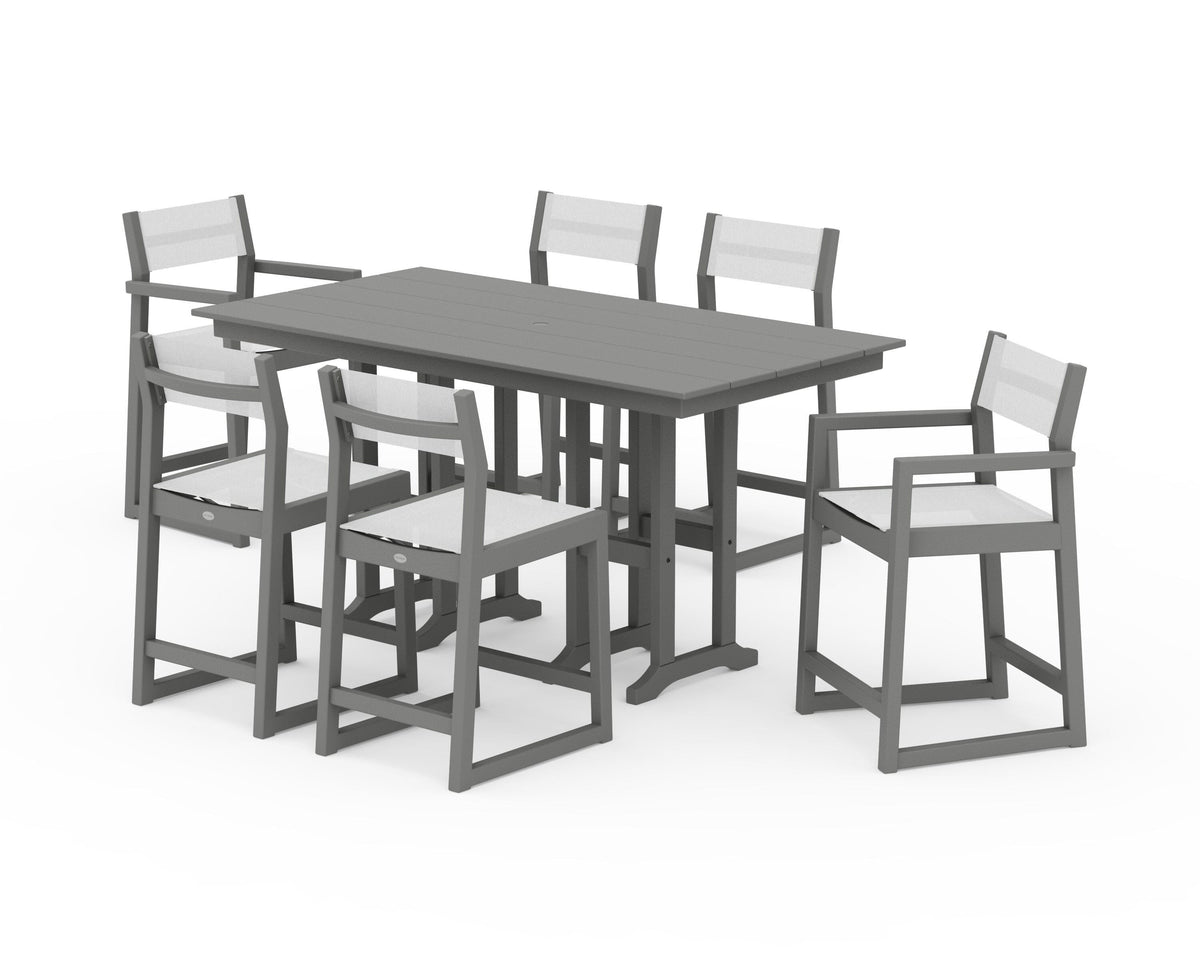 POLYWOOD EDGE Sling 7-Piece Farmhouse Counter Set with Trestle Legs in Slate Grey / White