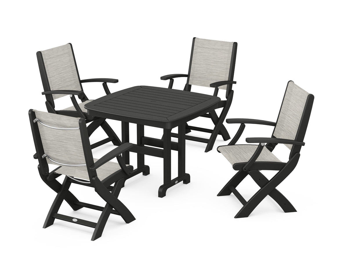POLYWOOD Coastal Folding Chair 5-Piece Dining Set with Nautical 37" Dining Table in Black / Birch