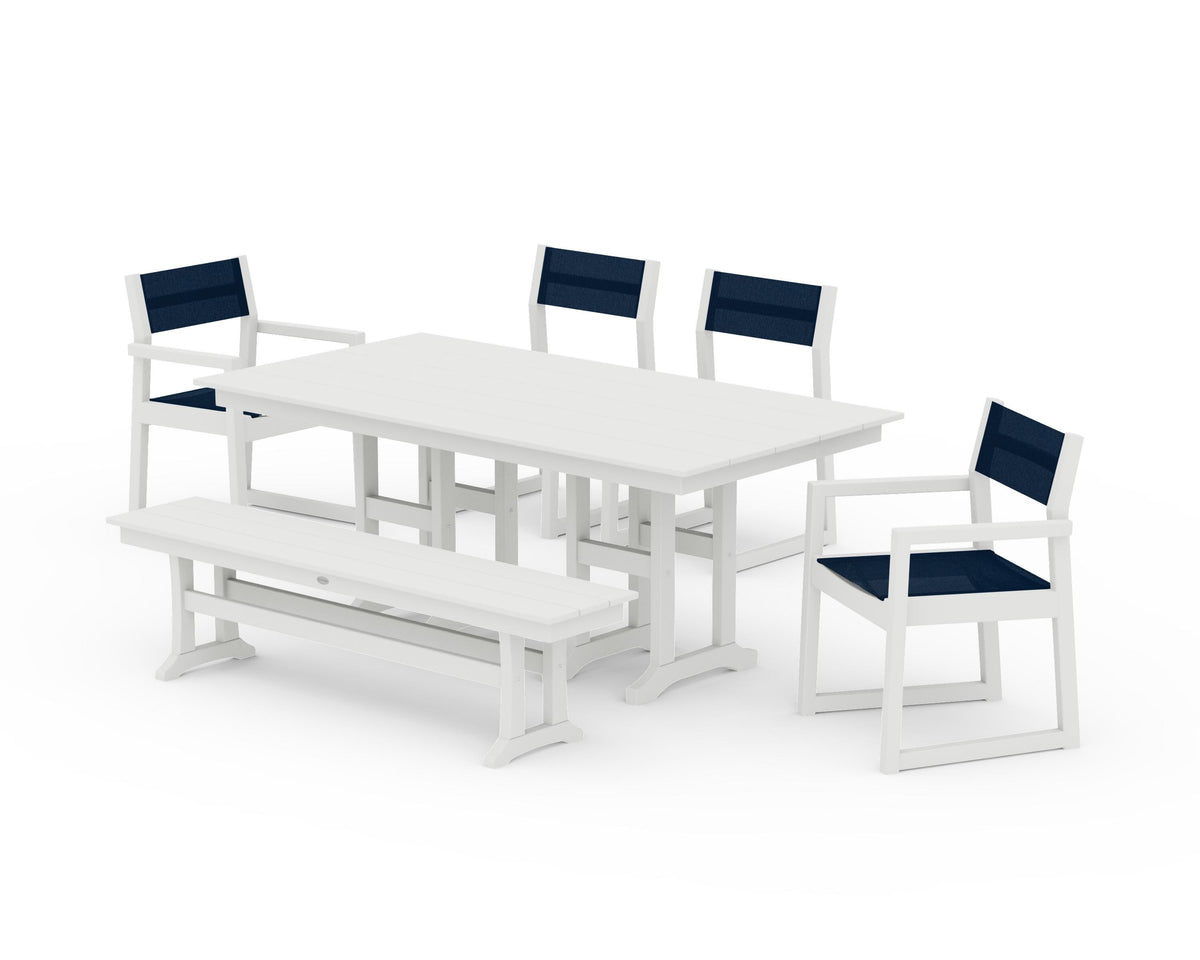 POLYWOOD EDGE Sling 6-Piece Farmhouse Dining Set in Vintage White / Navy Blue