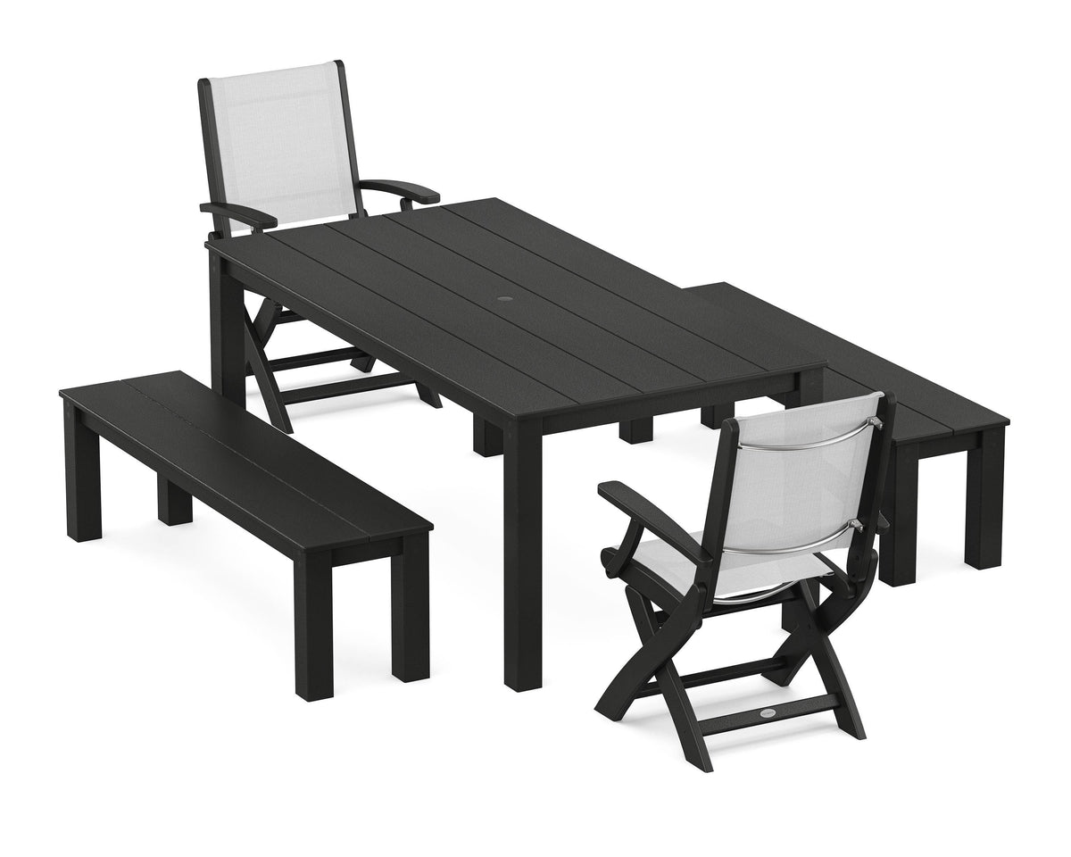 POLYWOOD Coastal Folding Chair 5-Piece Parsons Dining Set with Benches in Black / White