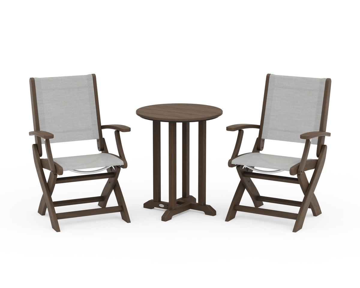 POLYWOOD Coastal Folding 3-Piece Round Bistro Dining Set in Kona / Metallic