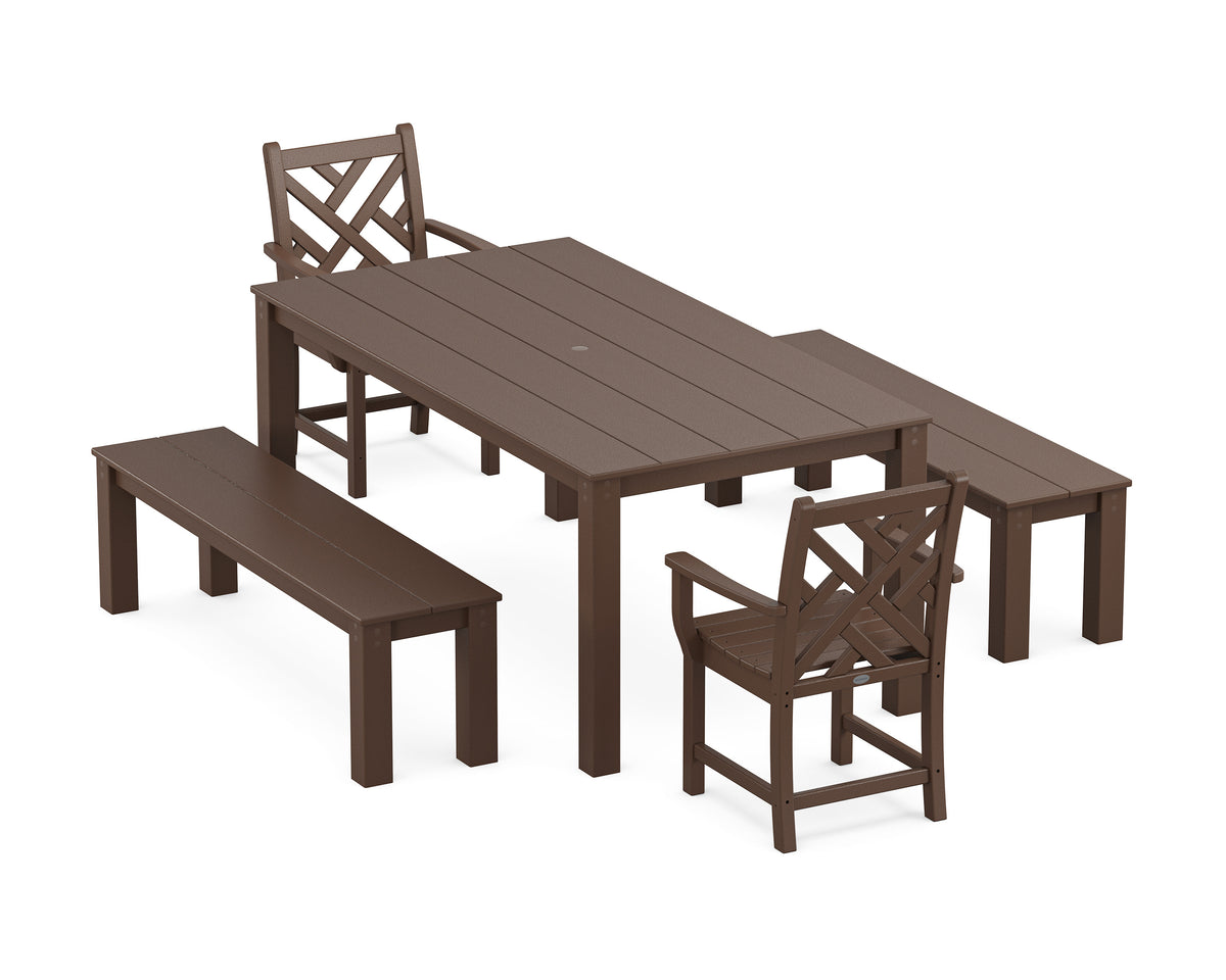 POLYWOOD Chippendale 5-Piece Parsons Dining Set with Benches in Mahogany