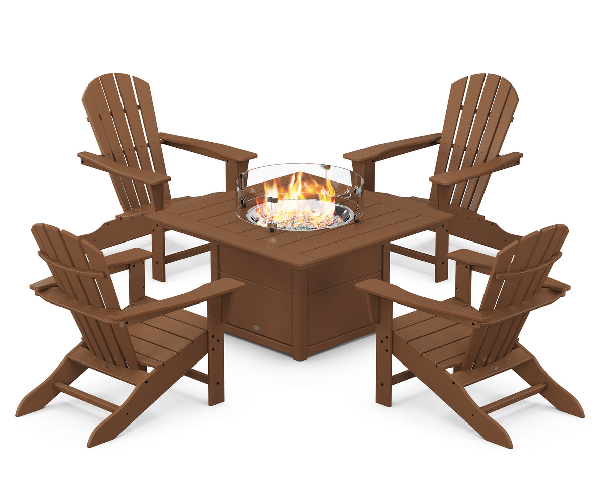 POLYWOOD Palm Coast 5-Piece Adirondack Chair Conversation Set with Fire Pit Table in Teak