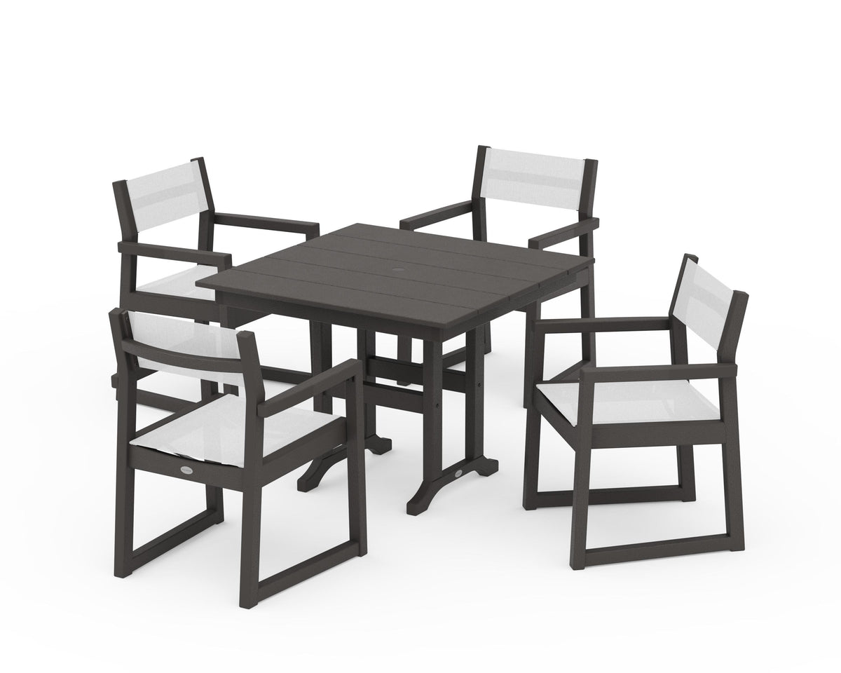 POLYWOOD EDGE Sling Arm Chair 5-Piece Farmhouse Dining Set in Vintage Coffee / White