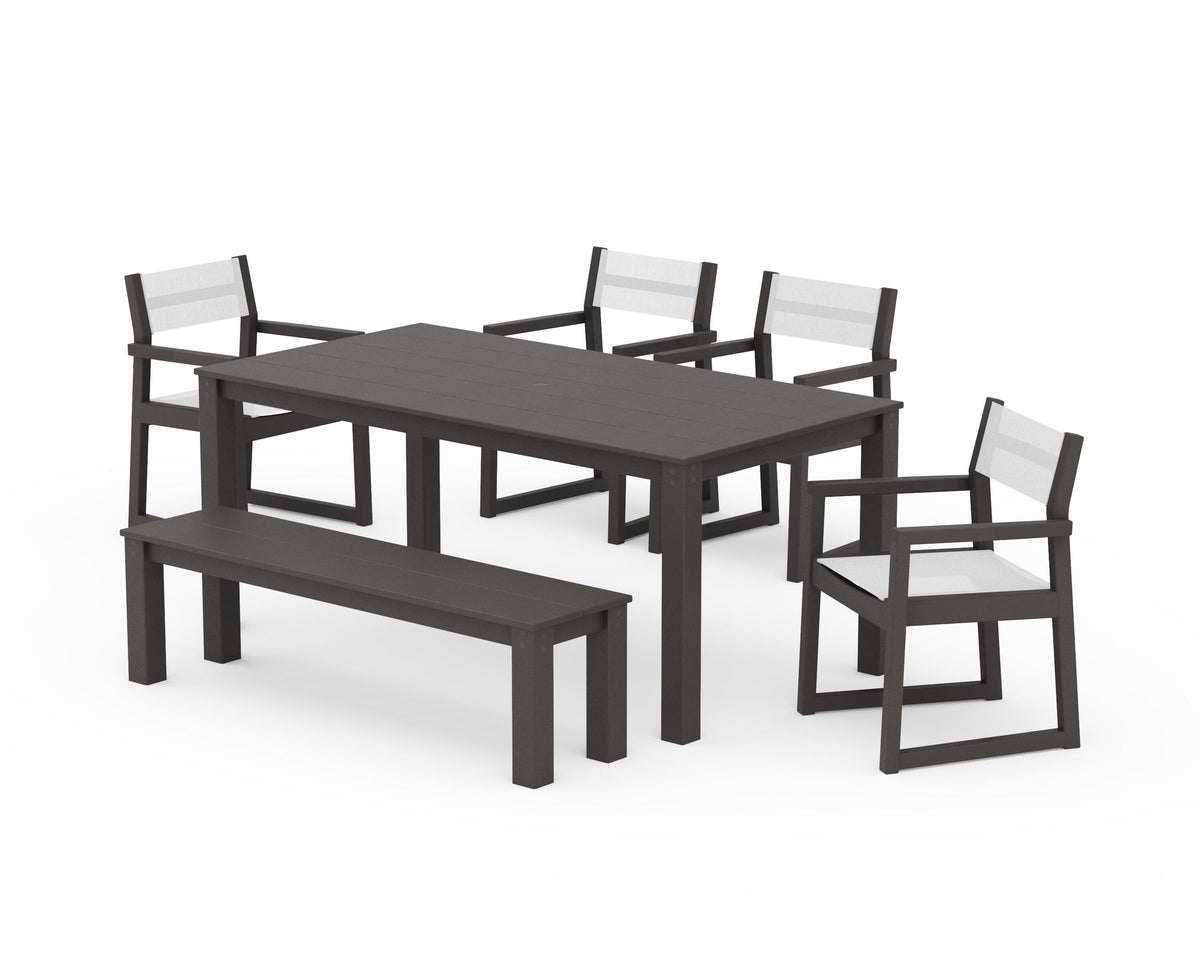 POLYWOOD EDGE Sling Arm Chair 6-Piece Parsons Dining Set with Bench in Vintage Coffee / White