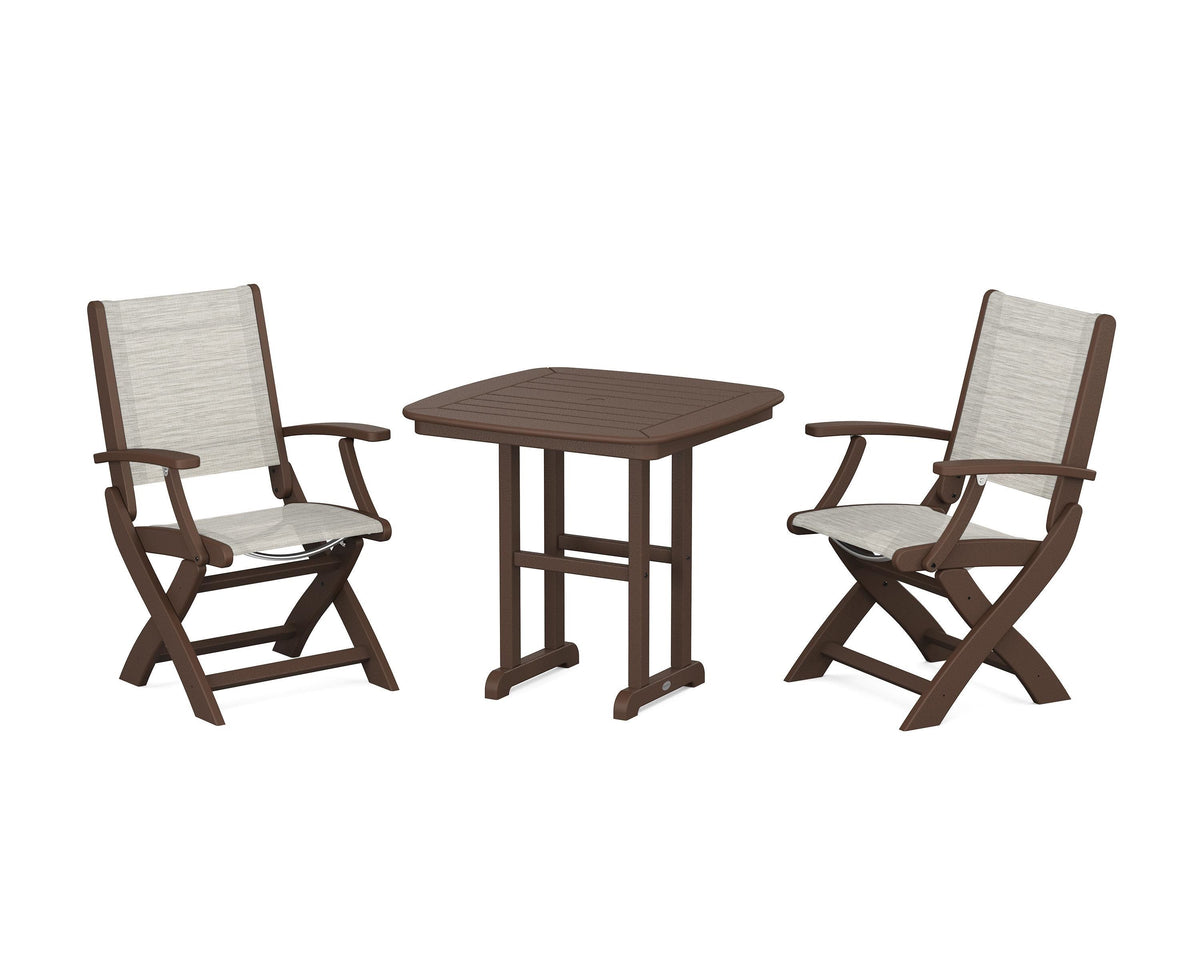 POLYWOOD Coastal Folding Chair 3-Piece Dining Set in Mahogany / Birch