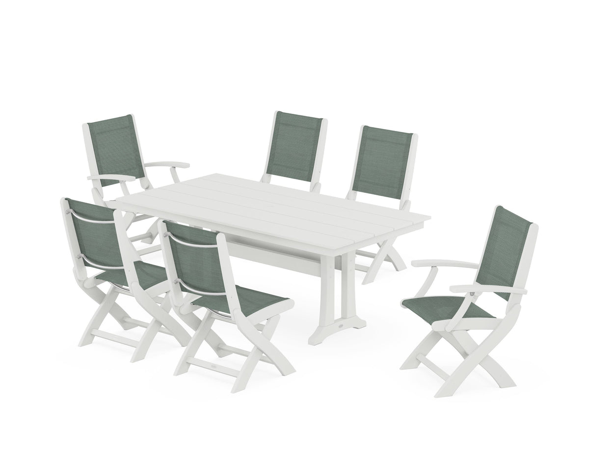 POLYWOOD Coastal Folding Chair 7-Piece Farmhouse Dining Set with Trestle Legs in Vintage White / Dupioni Sea Mist