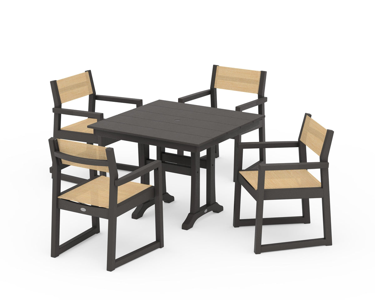 POLYWOOD EDGE Sling 5-Piece Farmhouse Dining Set with Trestle Legs in Vintage Coffee / Dupioni Apricot