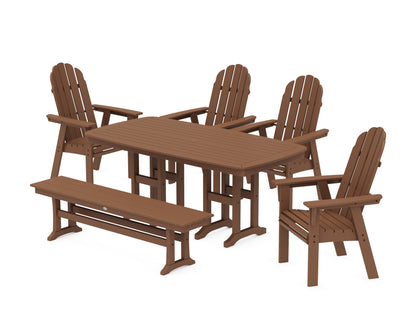 POLYWOOD Vineyard Curveback Adirondack Chair 6-Piece Dining Set with Bench in Teak