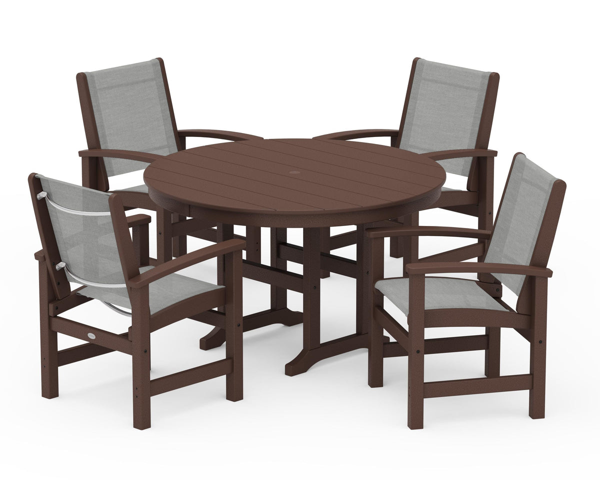 POLYWOOD Coastal 5-Piece Round Farmhouse Dining Set in Mahogany / Metallic