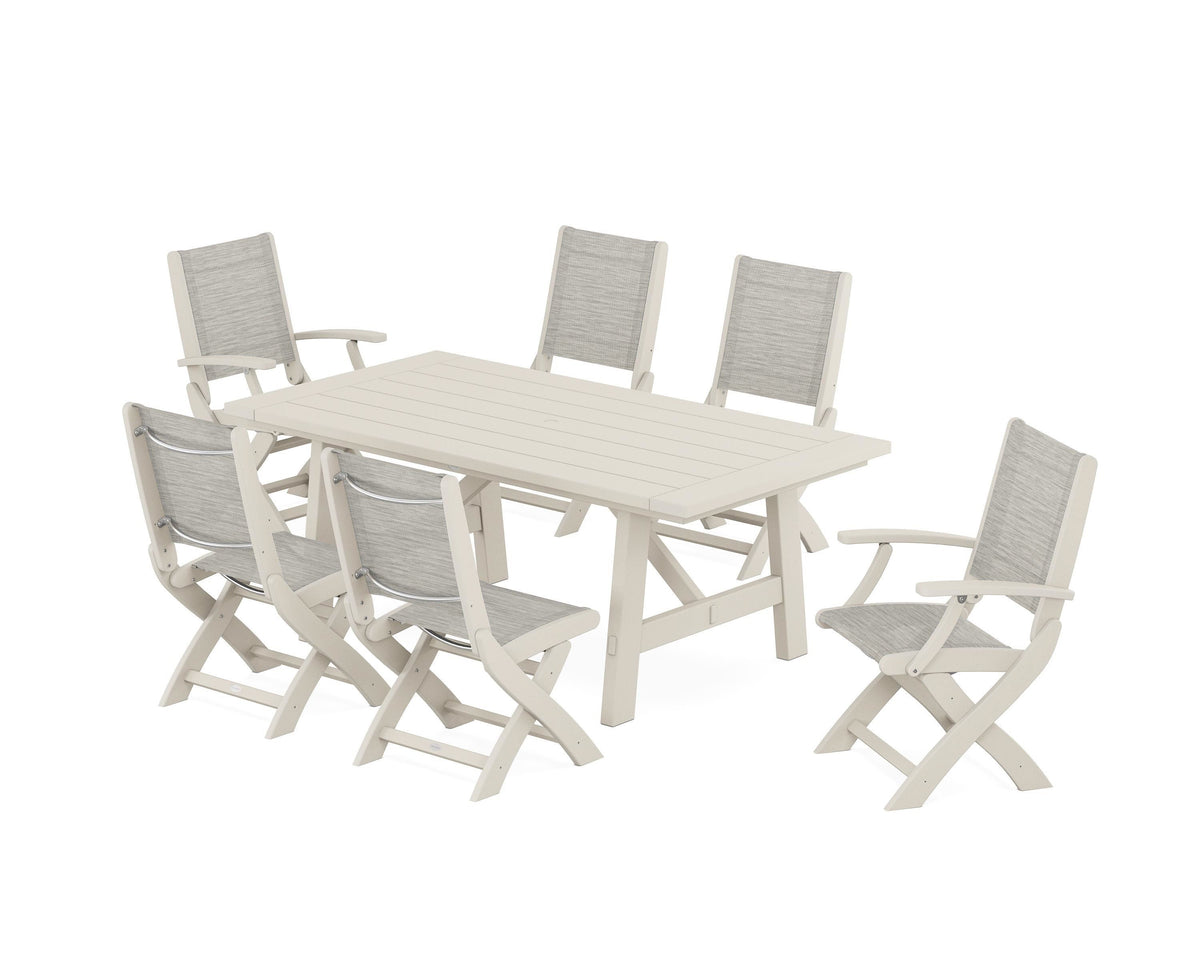POLYWOOD Coastal Folding Chair 7-Piece Rustic Farmhouse Dining Set in Sand / Birch