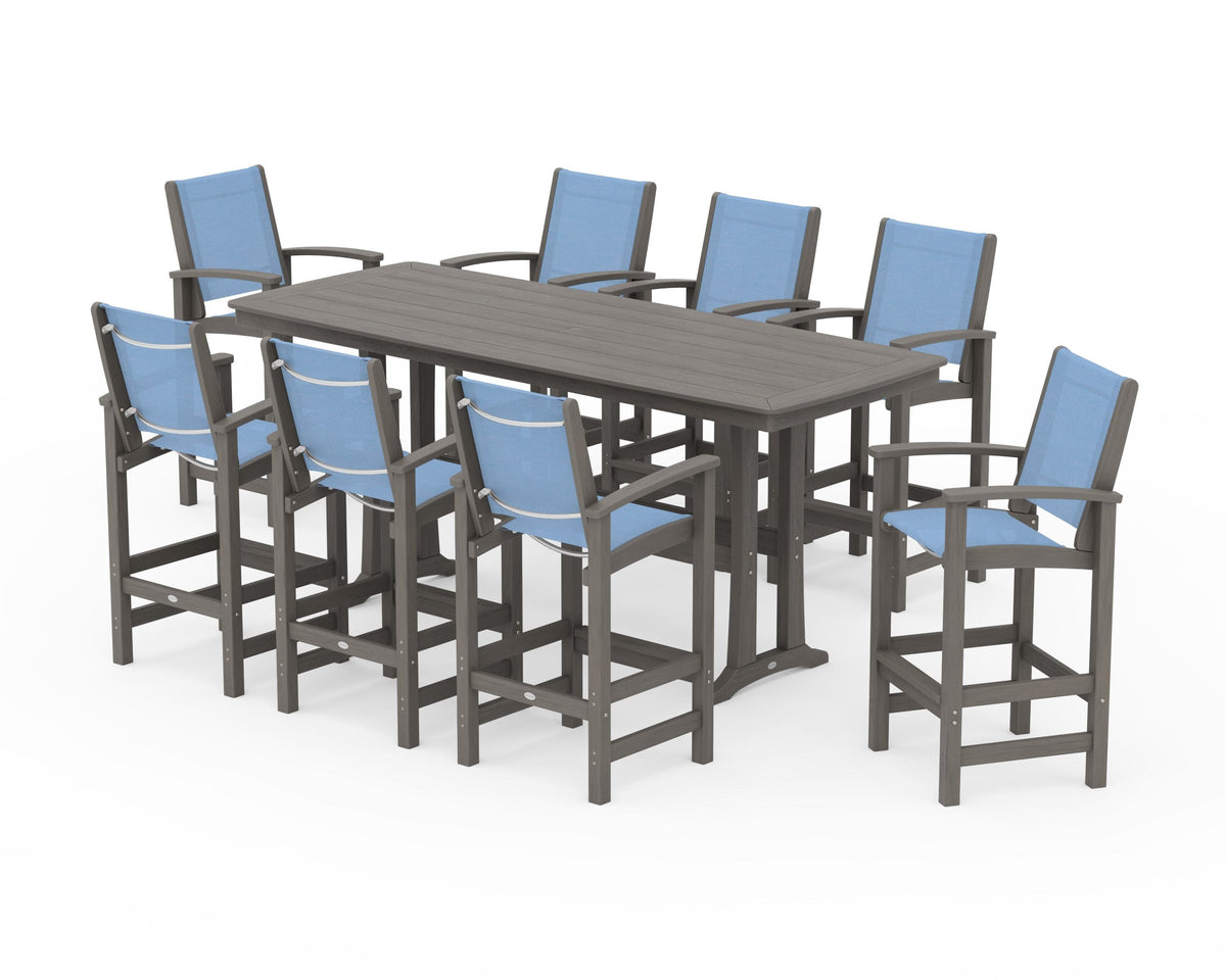 POLYWOOD Coastal 9-Piece Bar Set with Trestle Legs in Driftwood / Poolside