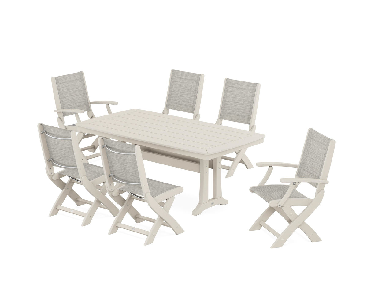 POLYWOOD Coastal Folding Chair 7-Piece Dining Set with Trestle Legs with Nautical Trestle 38" x 73" Dining Table in Sand / Birch