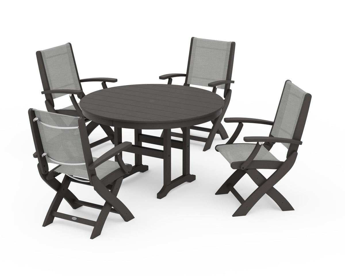 POLYWOOD Coastal Folding Chair 5-Piece Round Dining Set in Vintage Coffee / Metallic