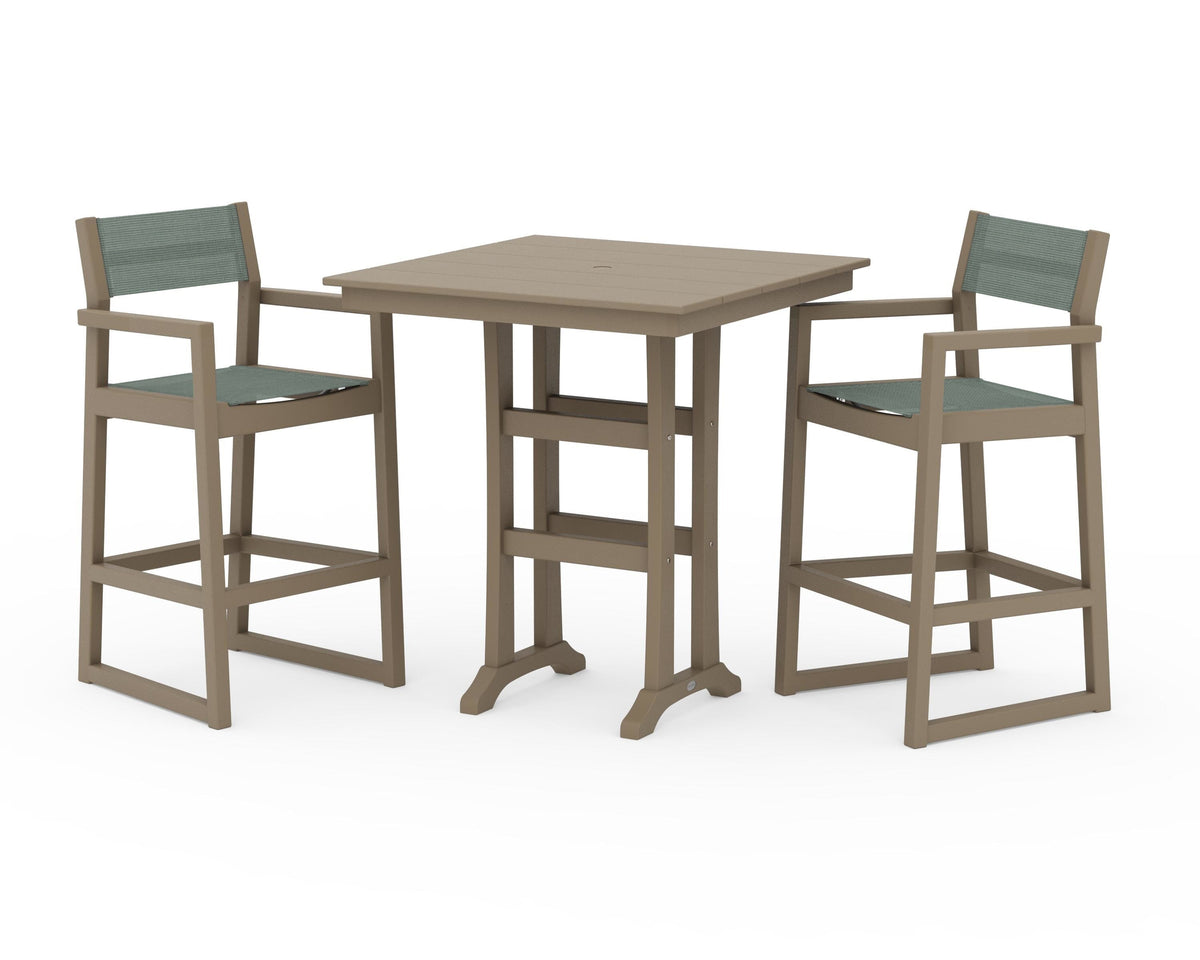 POLYWOOD EDGE Sling Arm Chair 3-Piece Farmhouse Bar Set with Trestle Legs in Vintage Sahara / Dupioni Sea Mist