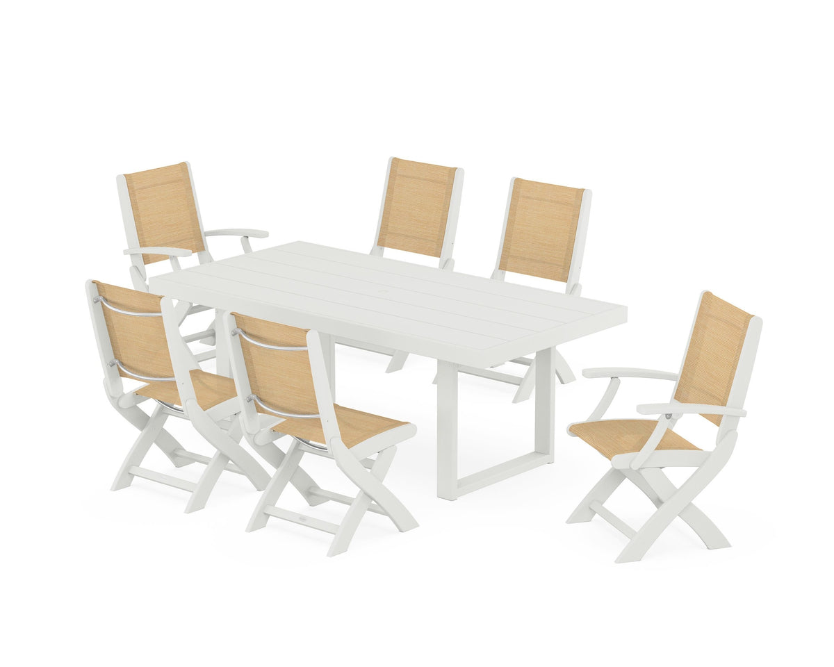 POLYWOOD Coastal Folding Chair 7-Piece Dining Set with Trestle Legs with EDGE 40" x 78" Dining Table in Vintage White / Dupioni Apricot
