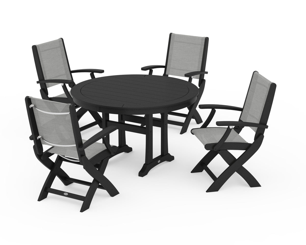 POLYWOOD Coastal Folding Chair 5-Piece Round Dining Set with Trestle Legs in Black / Metallic
