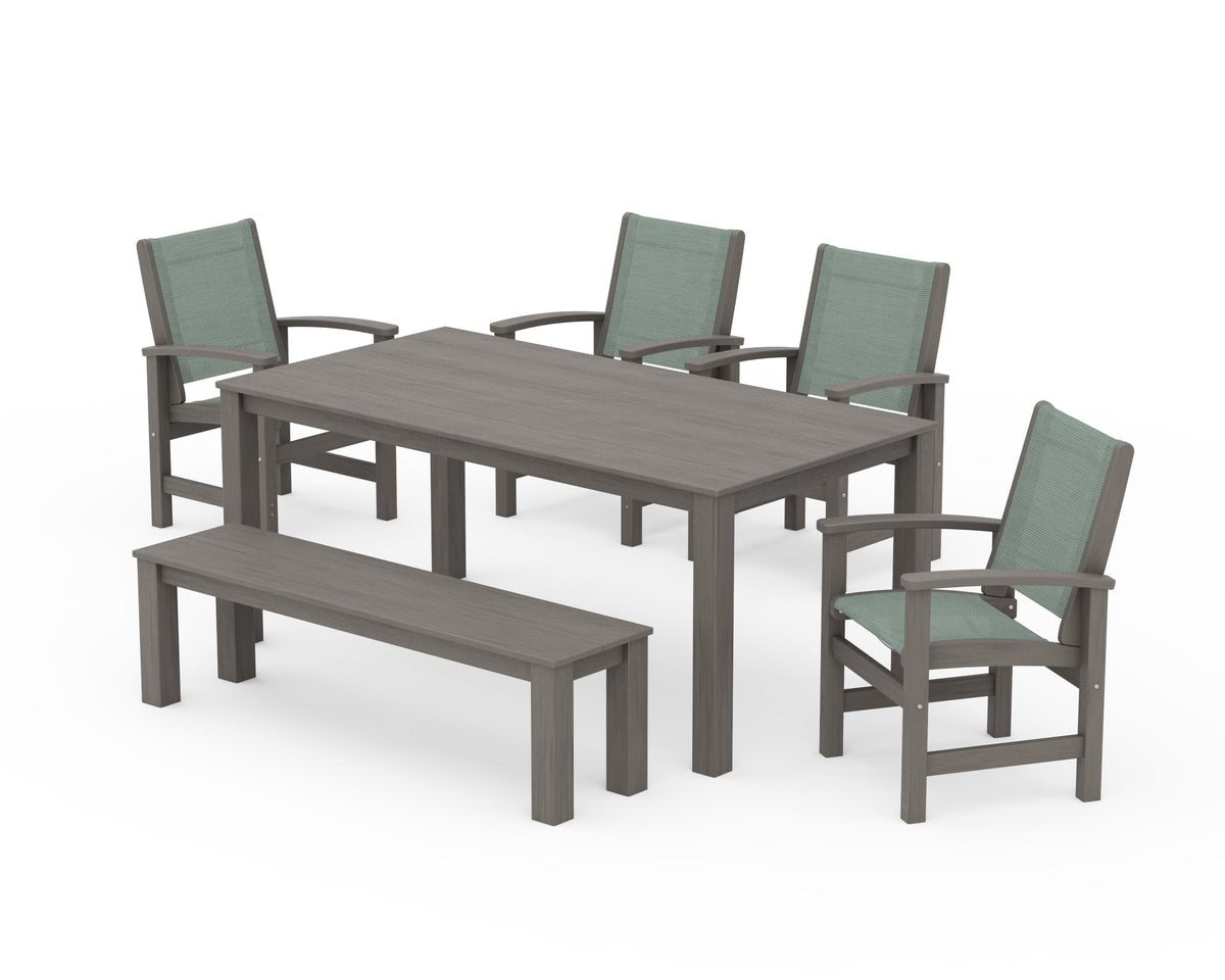 POLYWOOD Coastal 6-Piece Parsons Dining Set with Bench in Driftwood / Dupioni Sea Mist
