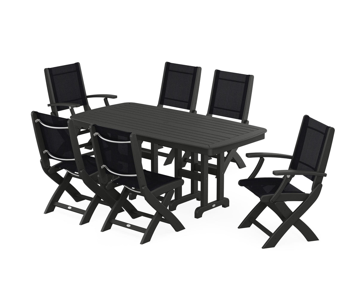 POLYWOOD Coastal Folding Chair 7-Piece Dining Set in Black / Black