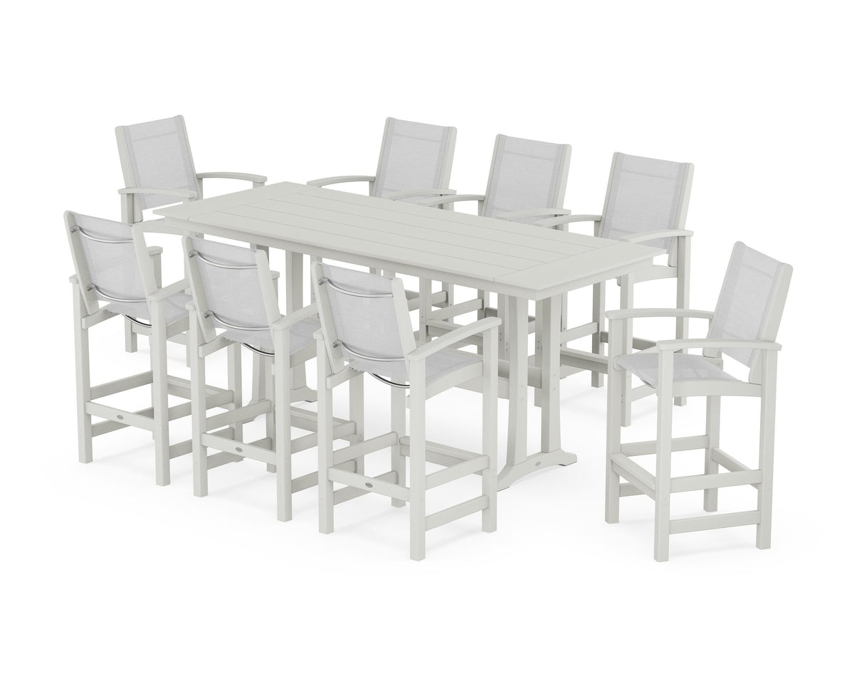 POLYWOOD Coastal 9-Piece Farmhouse Bar Set with Trestle Legs in Vintage White / White
