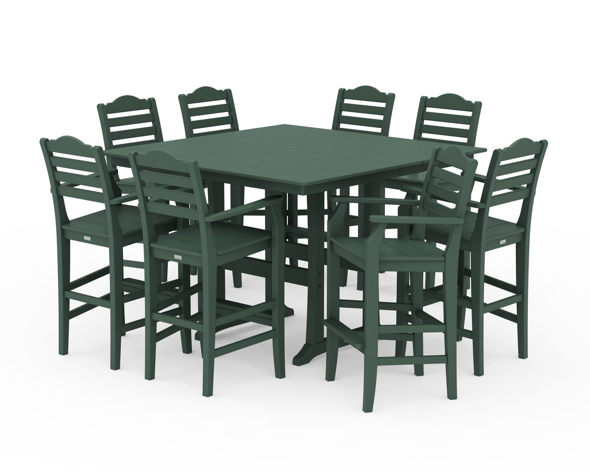 POLYWOOD Savannah 9-Piece Square Farmhouse Bar Set with Trestle Legs in Green