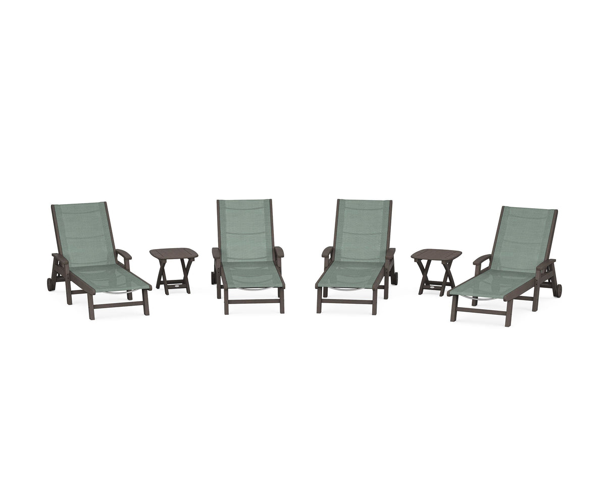 POLYWOOD Coastal Chaise 6-Piece Set with Wheels in Vintage Coffee / Dupioni Sea Mist