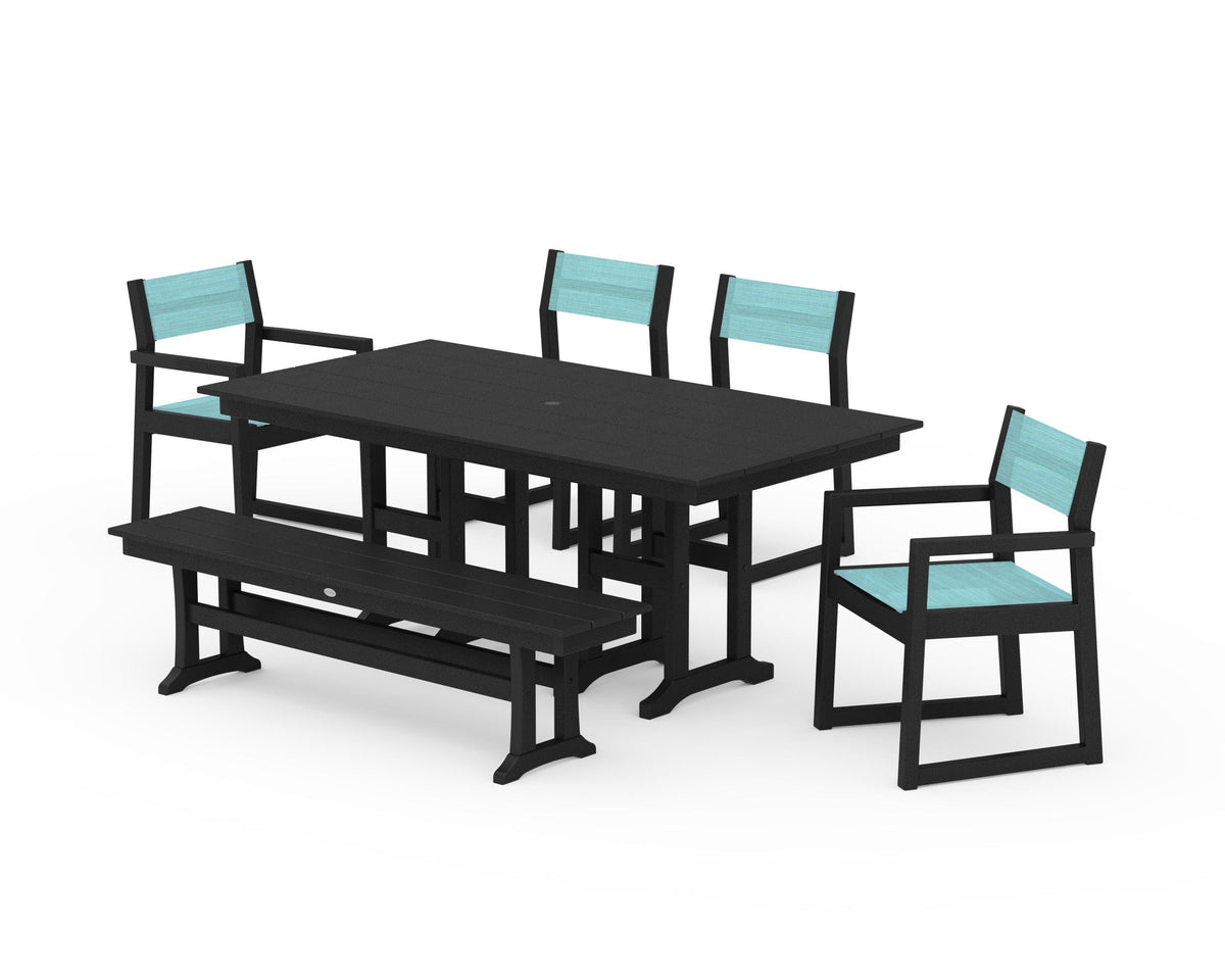 POLYWOOD EDGE Sling 6-Piece Farmhouse Dining Set in Black / Dupioni Aquamarine