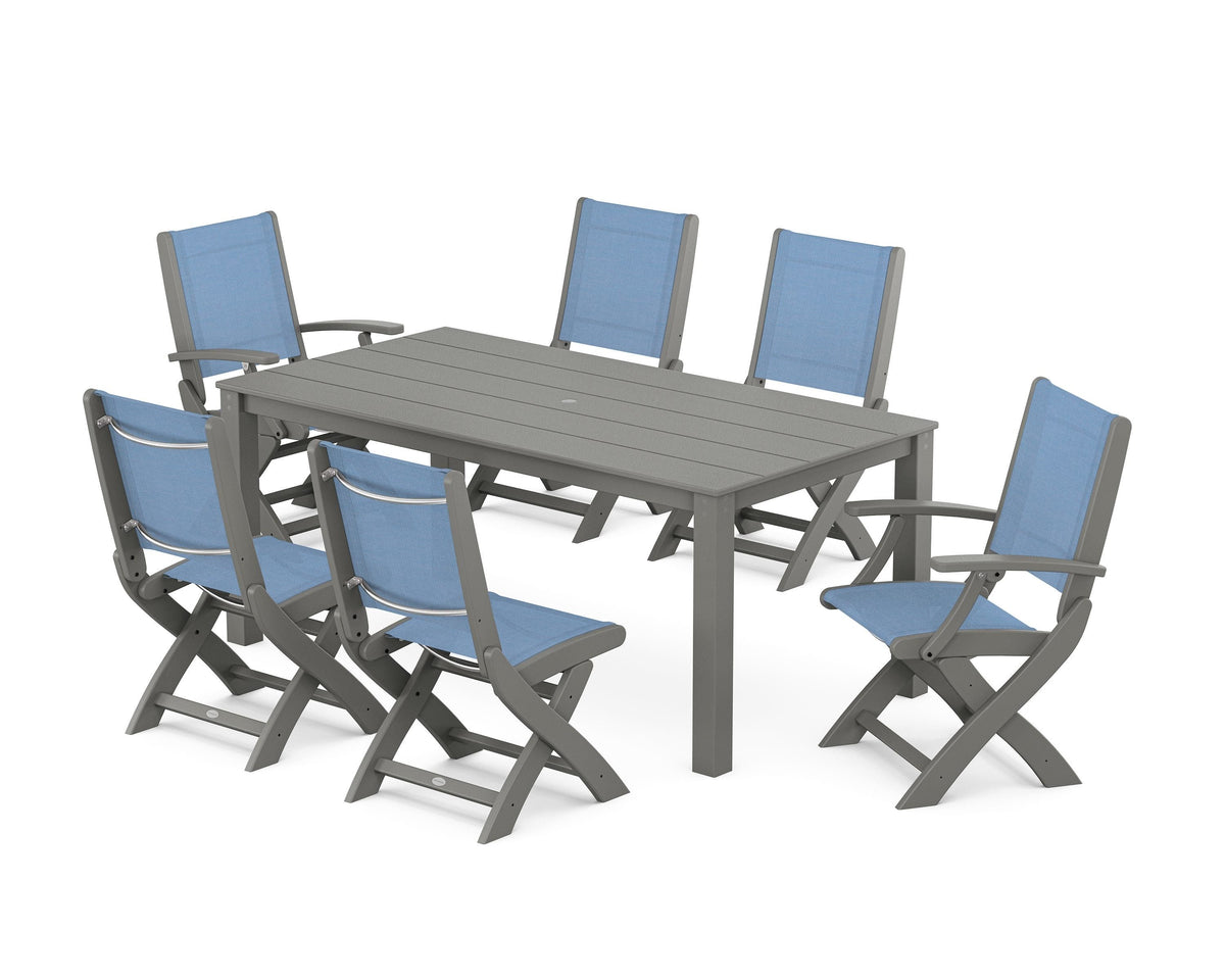 POLYWOOD Coastal Folding Chair 7-Piece Parsons Dining Set with Coastal Folding Side Chair in Slate Grey / Poolside