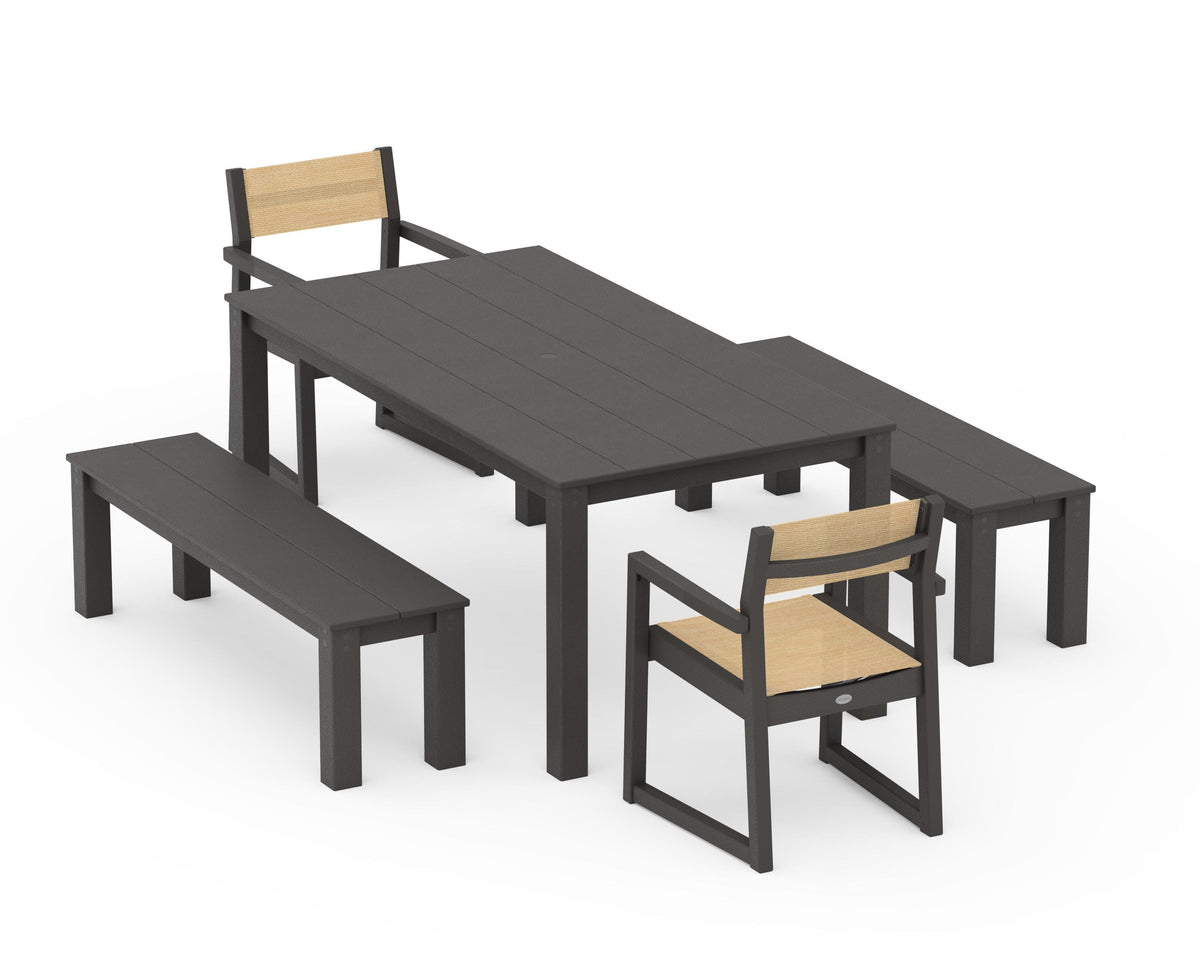 POLYWOOD EDGE Sling Arm Chair 5-Piece Parsons Dining Set with Benches in Vintage Coffee / Dupioni Apricot