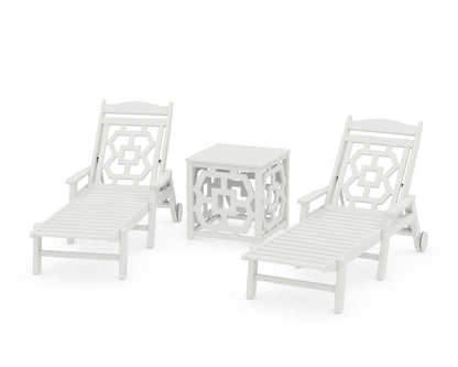 POLYWOOD Chinoiserie 3-Piece Chaise Set with Umbrella Stand Accent Table in Vintage White