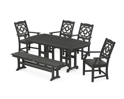 POLYWOOD Chinoiserie 6-Piece Dining Set with Bench in Black