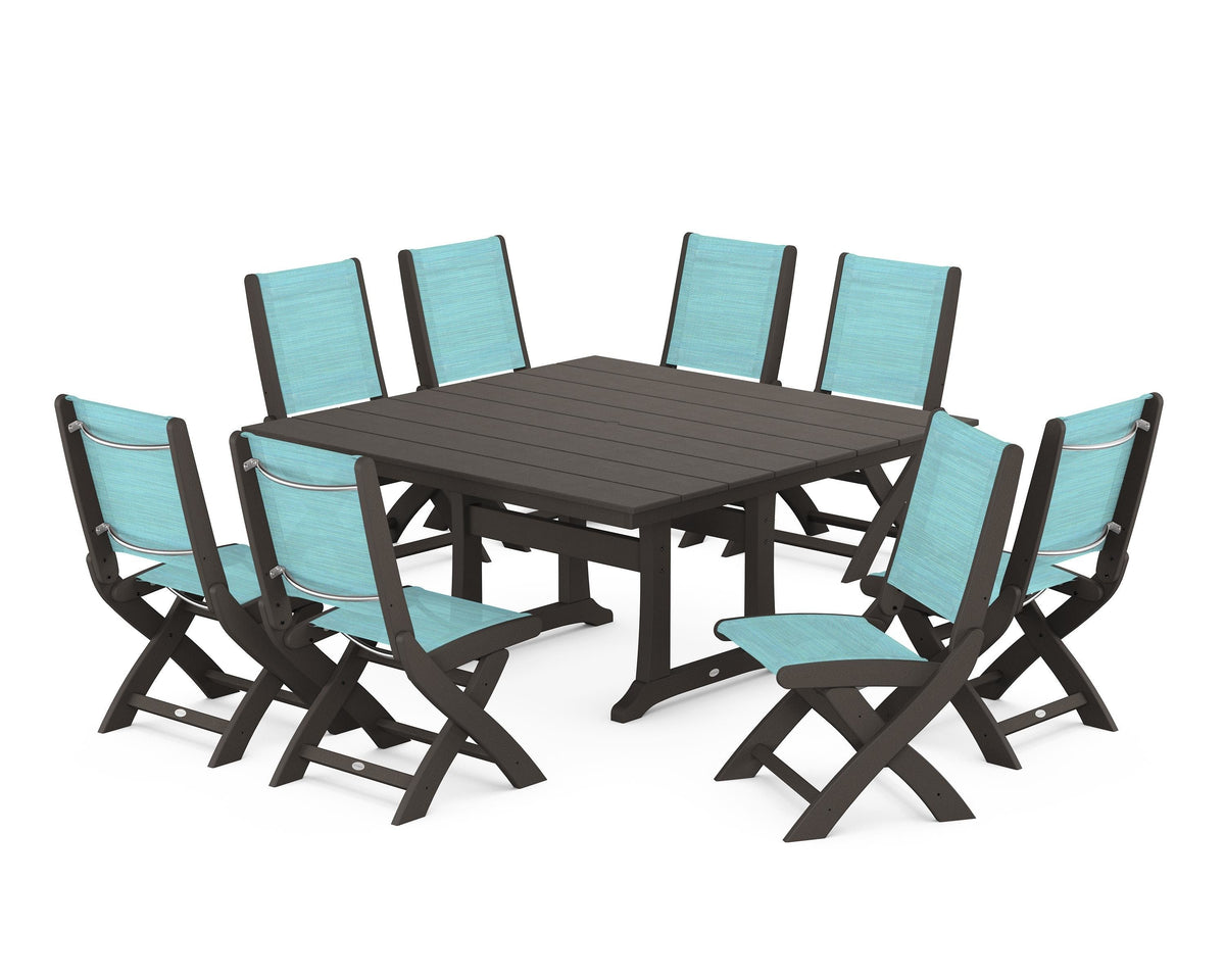 POLYWOOD Coastal Folding Side Chair 9-Piece Farmhouse Dining Set in Vintage Coffee / Dupioni Aquamarine