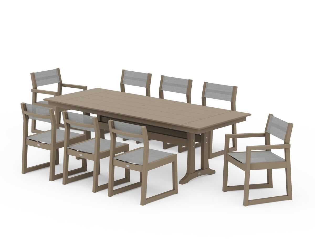 POLYWOOD EDGE Sling 9-Piece Farmhouse Trestle Dining Set in Vintage Sahara / Metallic