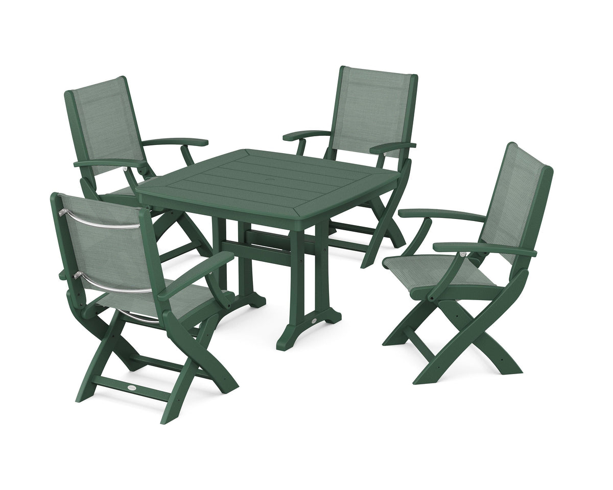 POLYWOOD Coastal Folding Chair 5-Piece Dining Set with Trestle Legs in Green / Dupioni Sea Mist