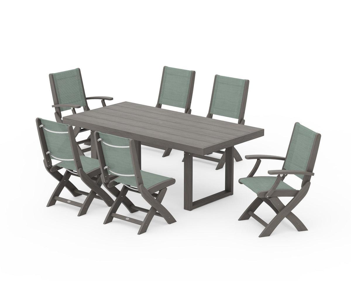 POLYWOOD Coastal Folding Chair 7-Piece Dining Set with Trestle Legs with EDGE 40" x 78" Dining Table in Driftwood / Dupioni Sea Mist