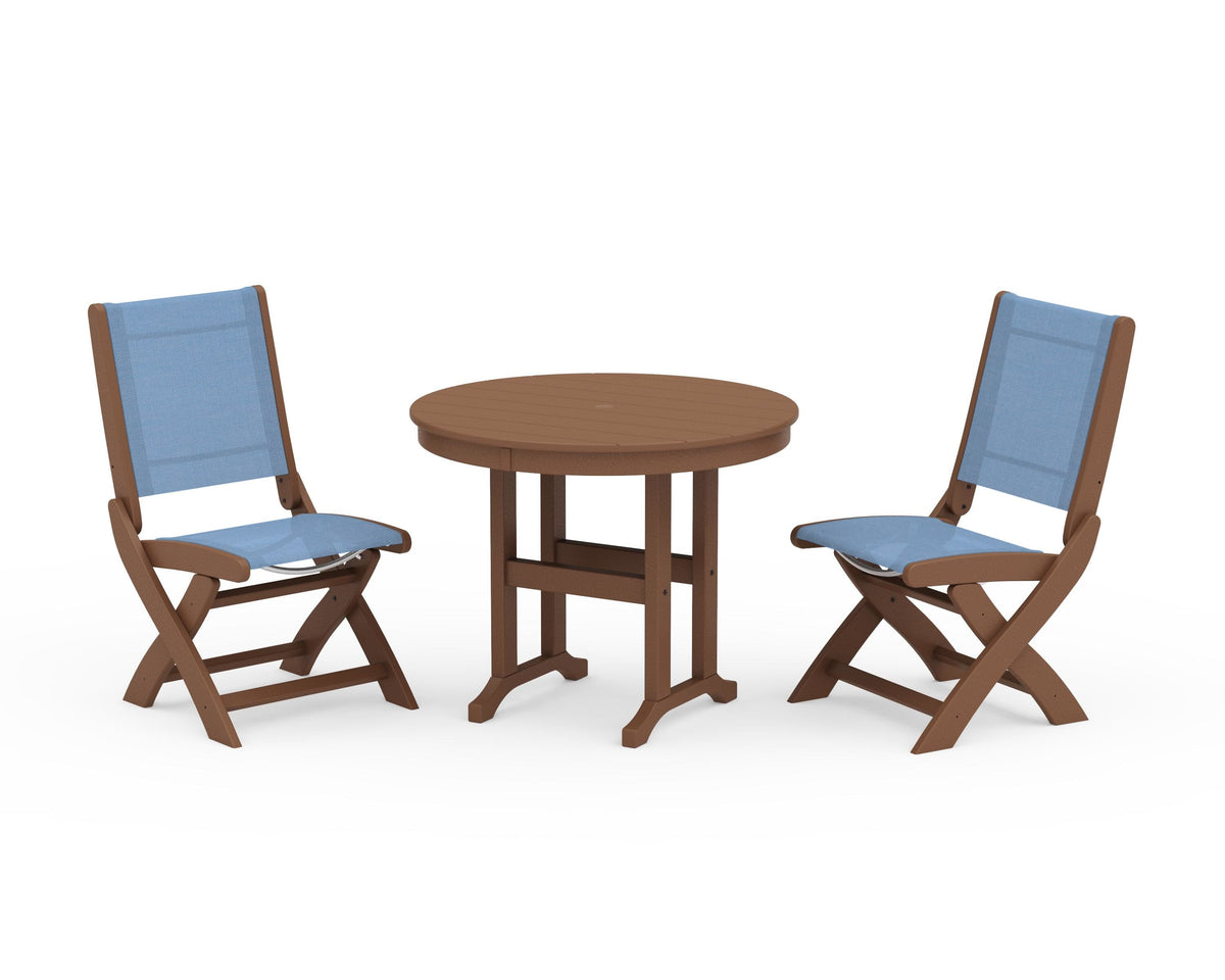 POLYWOOD Coastal Folding Side Chair 3-Piece Round Dining Set in Teak / Poolside