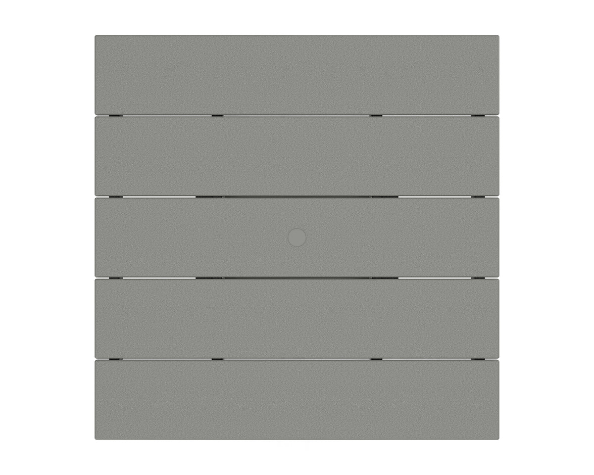 Angled view of the POLYWOOD La Casa Café 5-Piece Farmhouse Trestle Bar Set in Slate Grey