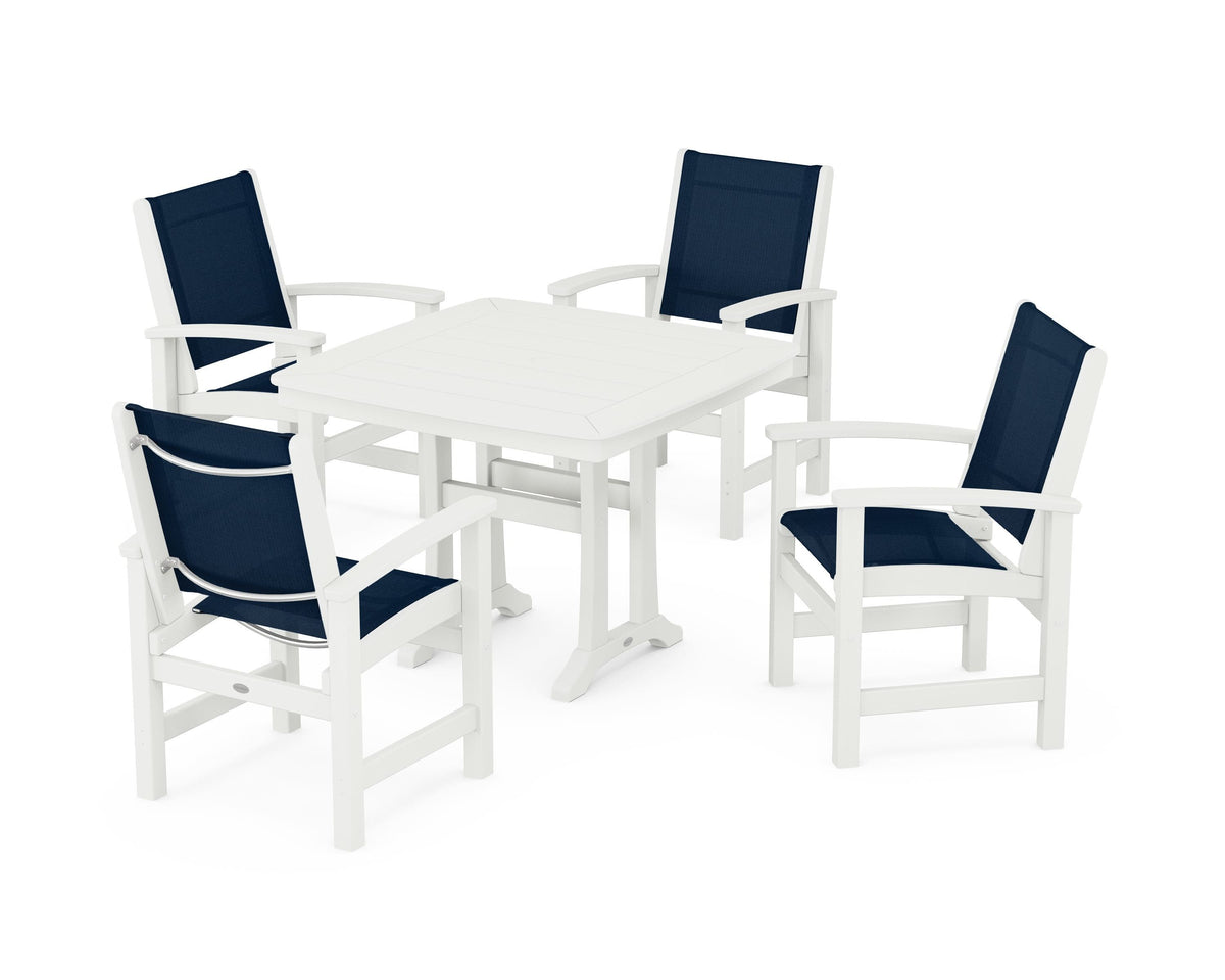 POLYWOOD Coastal 5-Piece Dining Set with Trestle Legs with Nautical Trestle 37" Dining Table in Vintage White / Navy Blue