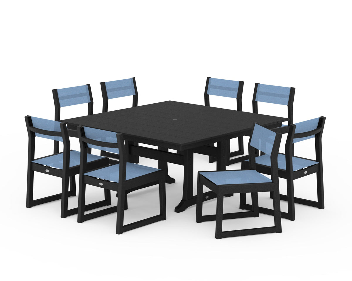 POLYWOOD EDGE Sling Side Chair 9-Piece Farmhouse Trestle Dining Set in Black / Poolside