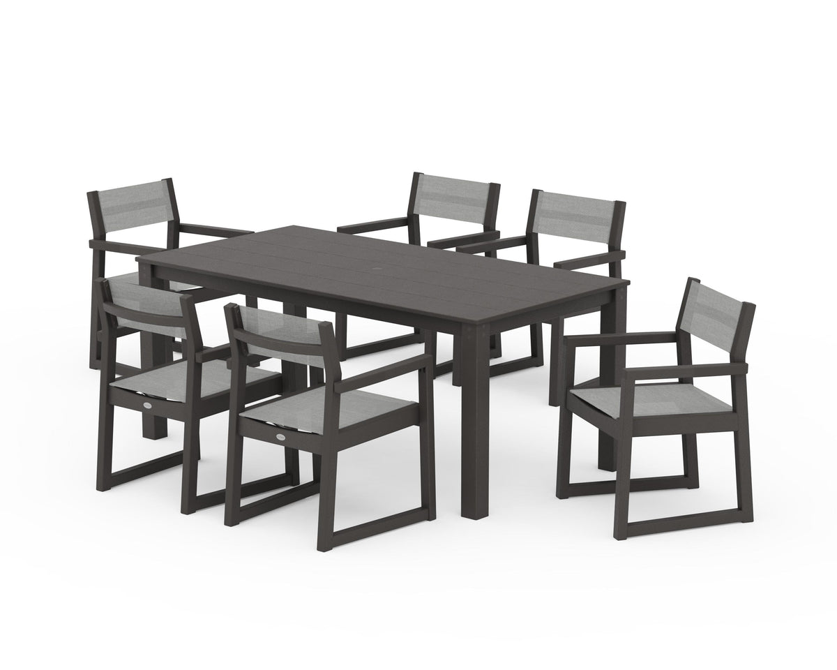 POLYWOOD EDGE Sling Arm Chair 7-Piece Parsons Dining Set in Vintage Coffee / Metallic