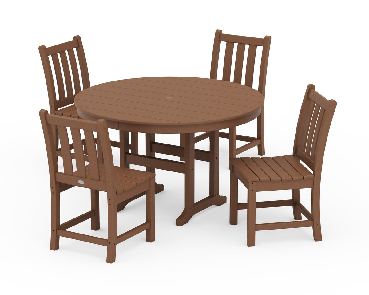 POLYWOOD Traditional Garden Side Chair 5-Piece Round Farmhouse Dining Set in Teak
