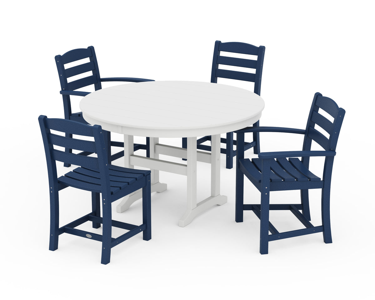 POLYWOOD La Casa Café 5-Piece Round Farmhouse Dining Set with Arm and Side Chairs in Navy / White