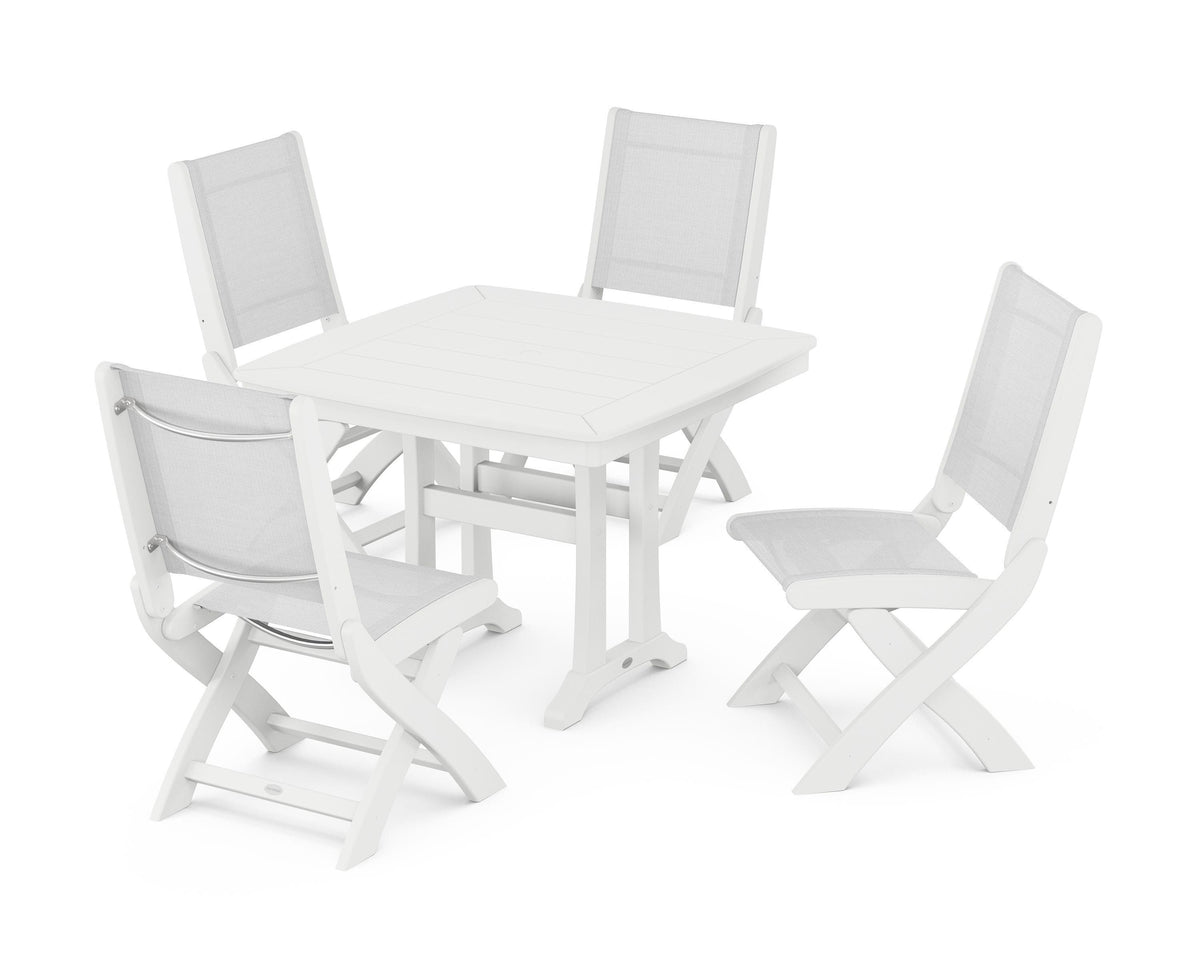 POLYWOOD Coastal Folding Side Chair 5-Piece Dining Set with Trestle Legs in White / White